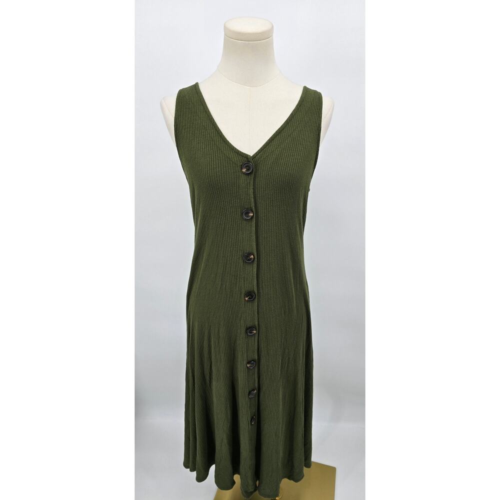Peach Love California Earthy Minimalist Olive Green Ribbed Button Front Dress